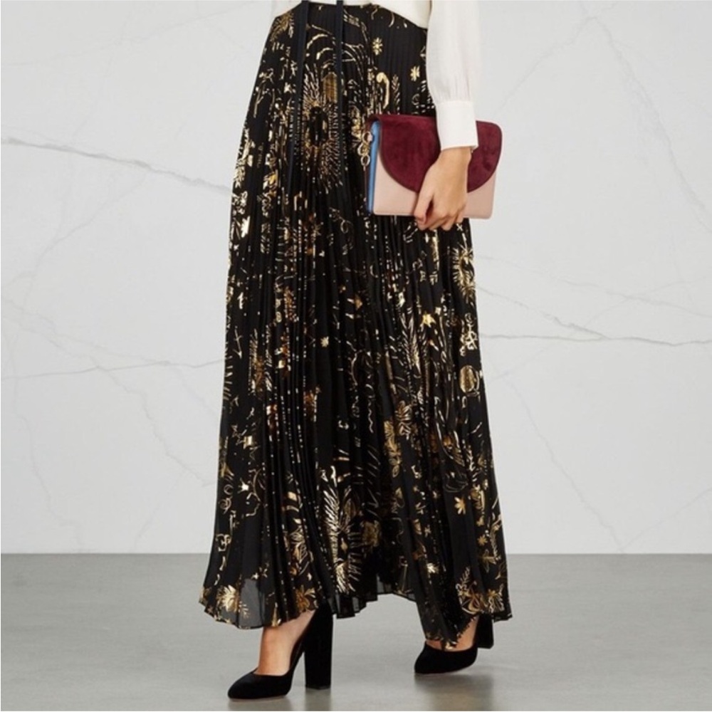 Alice + Olivia Shannon Black and Gold Pleated Sun Maxi Skirt